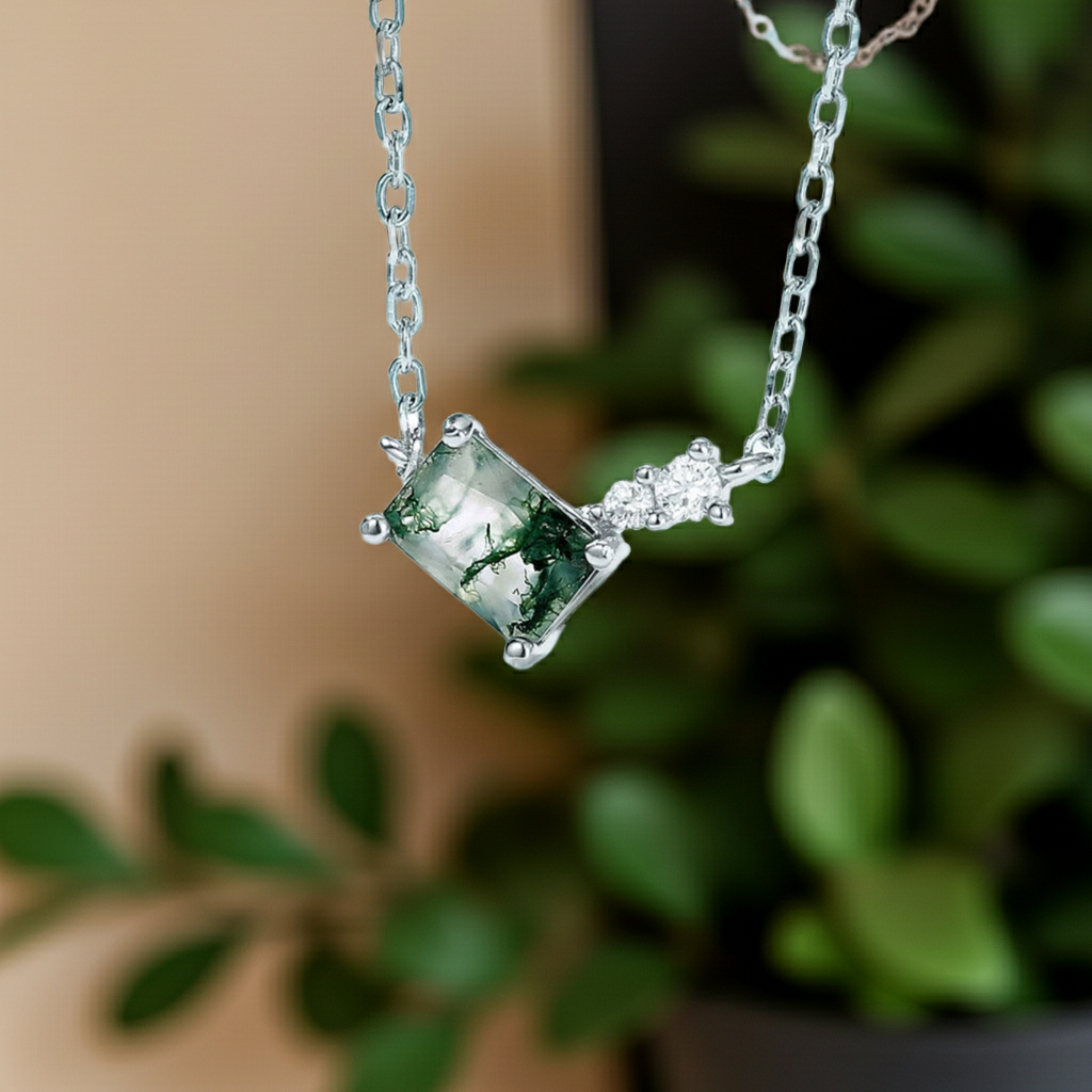 Ophelia Emerald Cut Moss Agate Classic Necklace