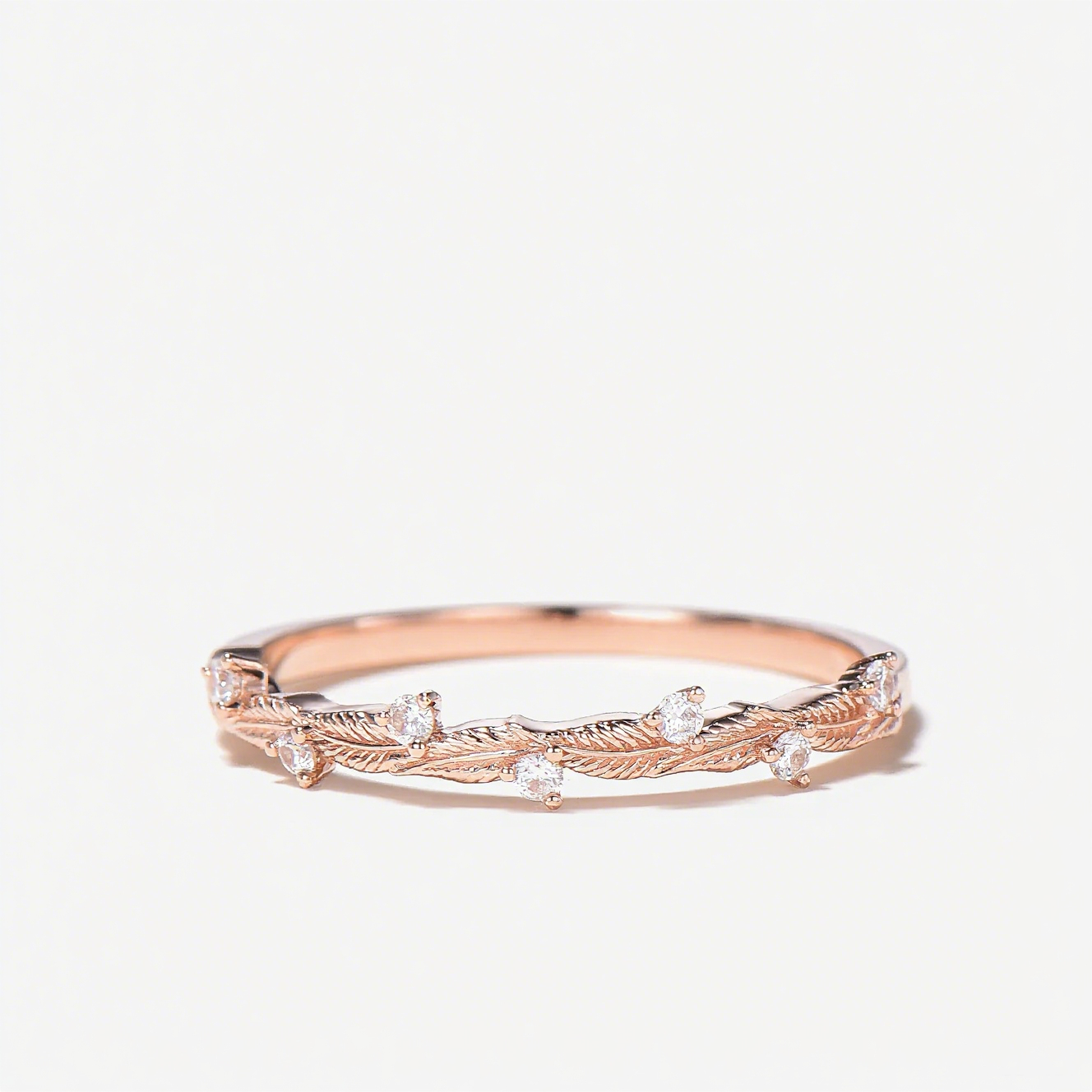 Round Cut Moissanite Leaf Half Eternity Wedding Band