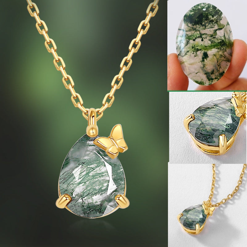 Verdantfly - Pear Cut Moss Agate Unique Necklace
