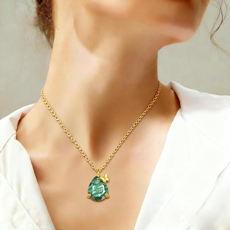 Verdantfly - Pear Cut Moss Agate Unique Necklace