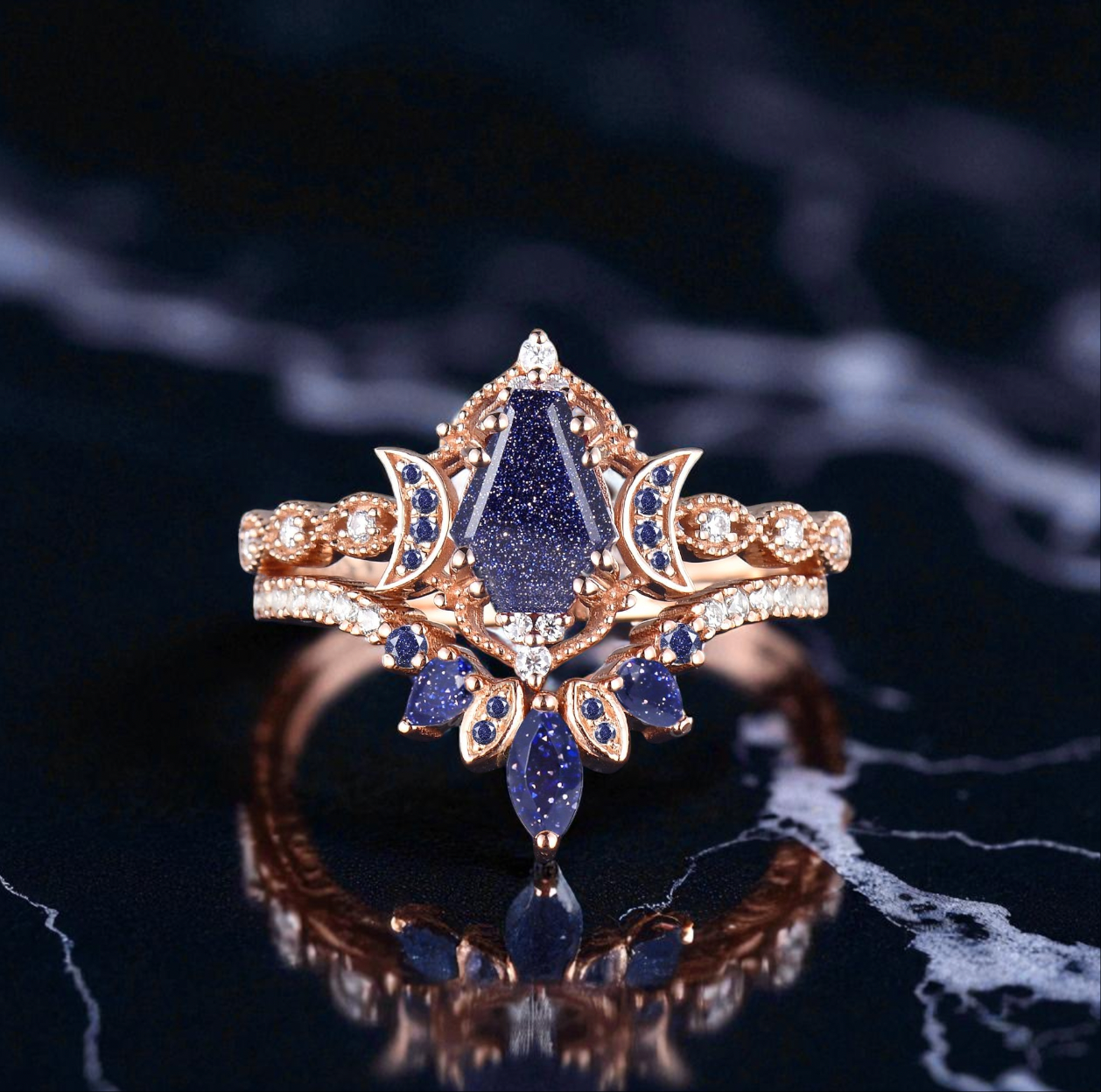 Galaxy Crescent Moon Black Gold Coffin Blue Sandstone Gothic Witchy Engagement Ring Set