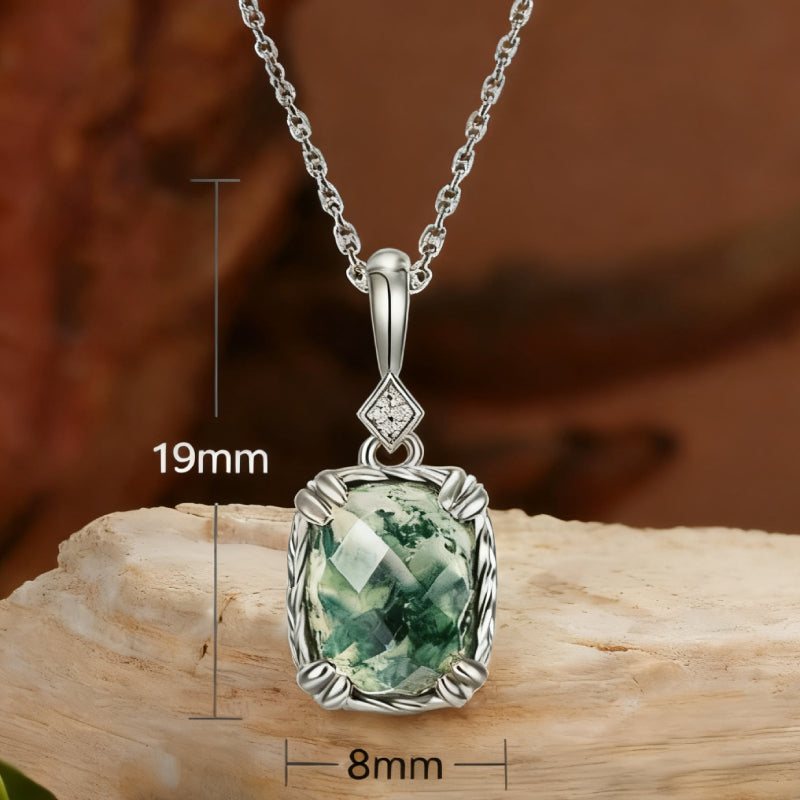 Sylviana Cushion Cut Moss Agate Halo Necklace