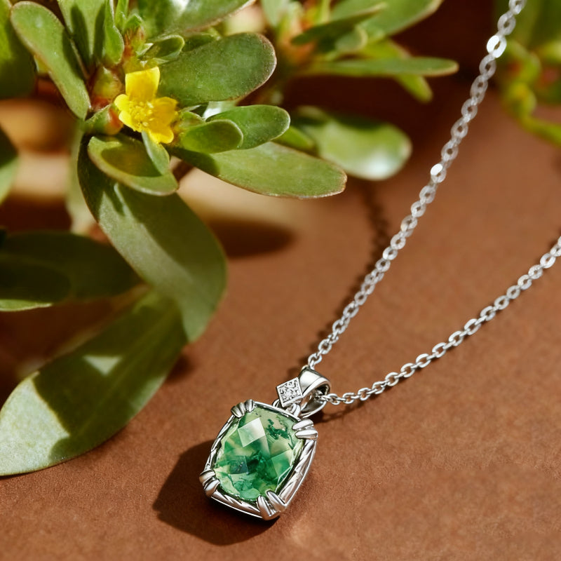 Sylviana Cushion Cut Moss Agate Halo Necklace