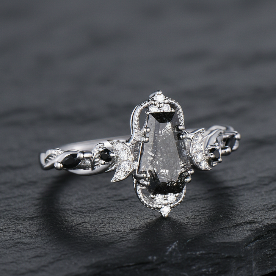 Antique Coffin Cut Black Rutilated Quartz Leaf Twisted Engagement Ring
