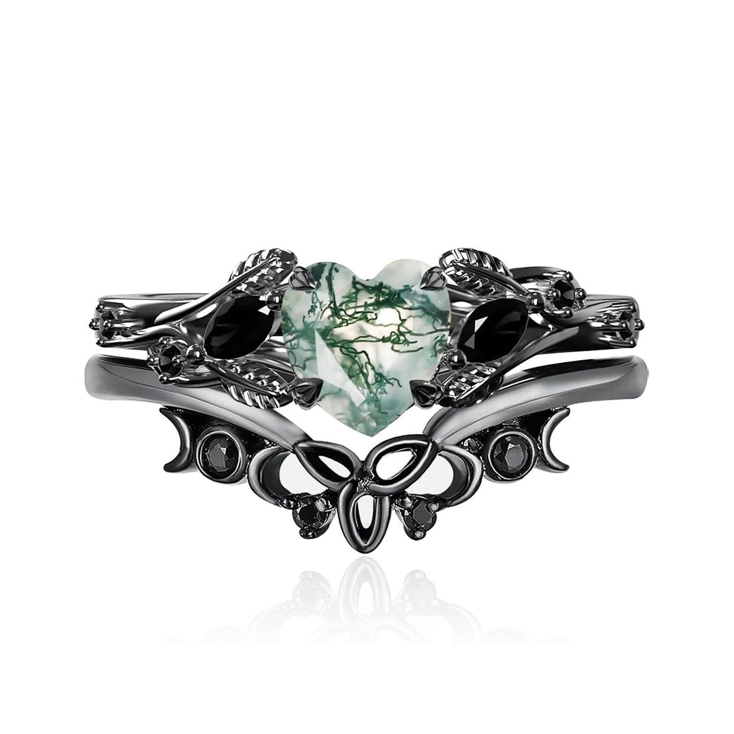 Black Gold Heart Cut Green Moss Agate & Black Moissanite Wedding Ring Set