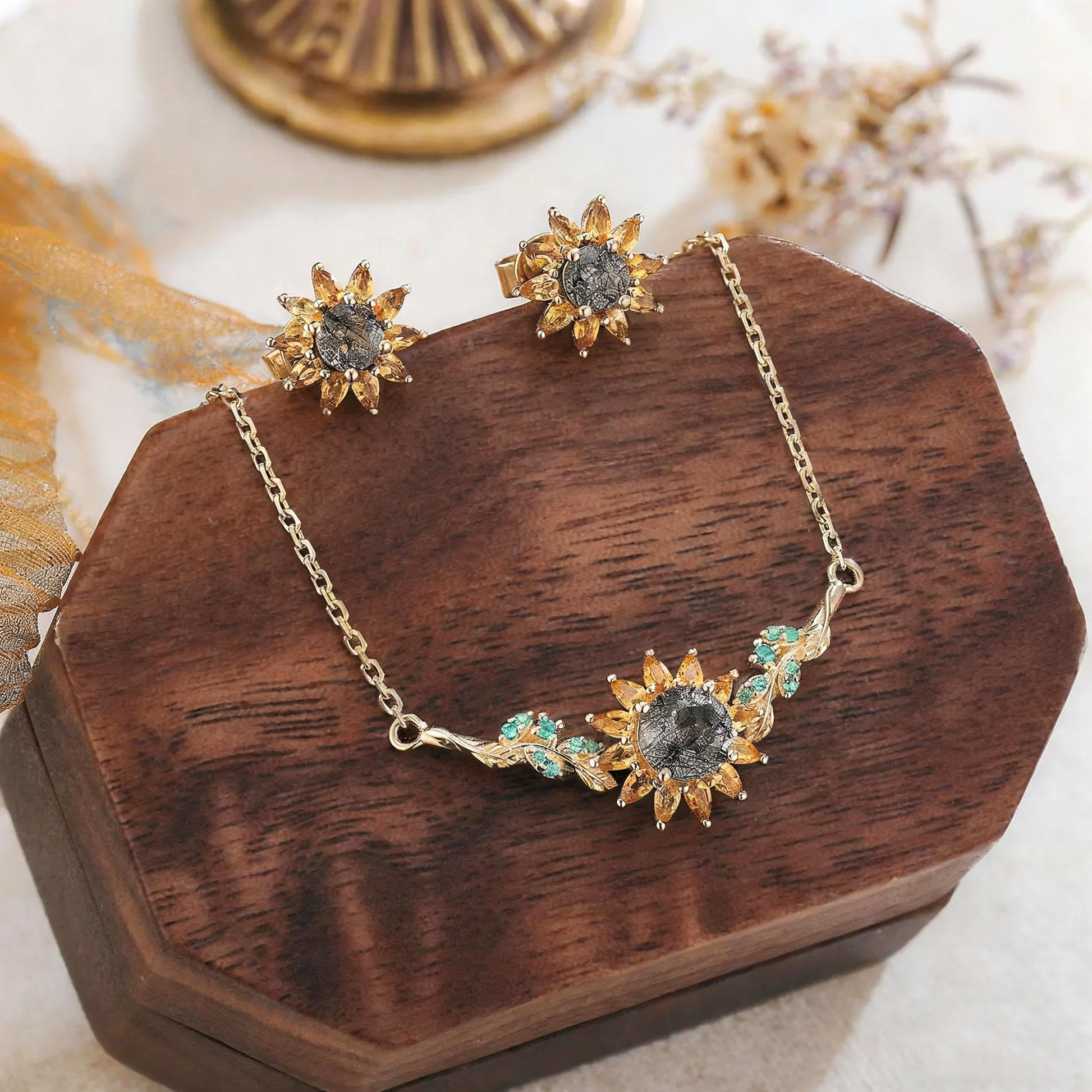 Eleanor Round Cut Black Rutilated Quartz Nature Sunflower Design Necklace
