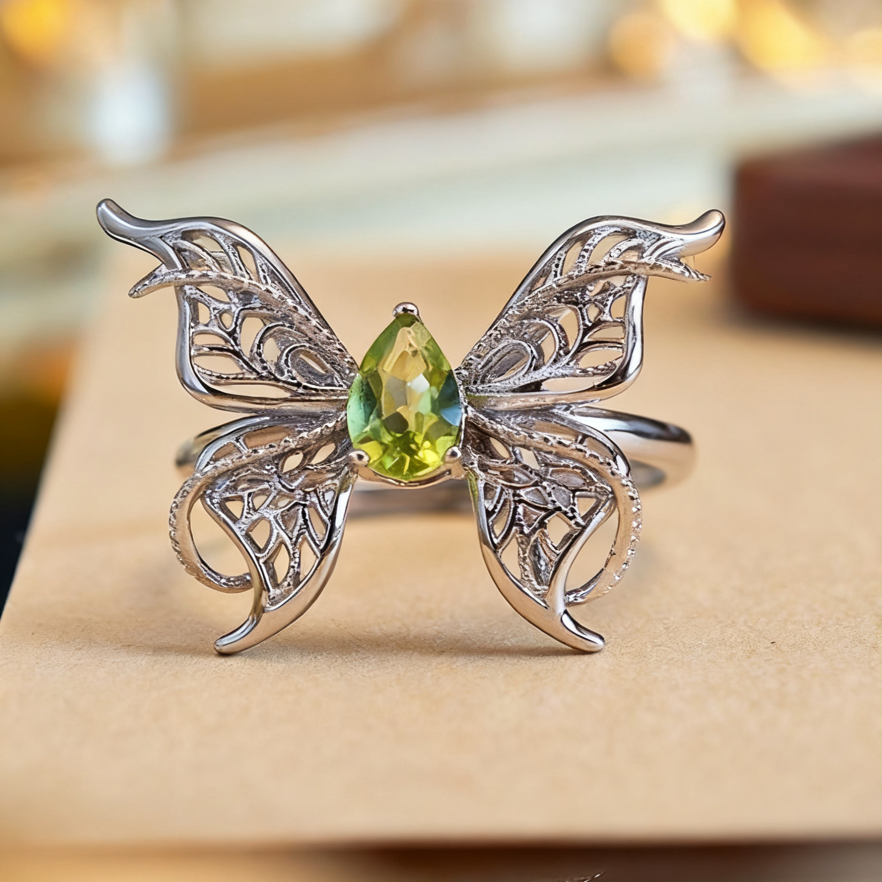 Natural Amethyst Butterfly Adjustable Ring Elegant Unique Jewelry