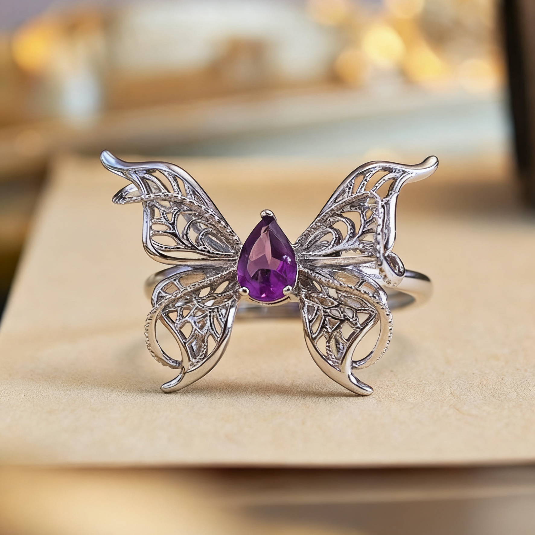 Natural Amethyst Butterfly Adjustable Ring Elegant Unique Jewelry