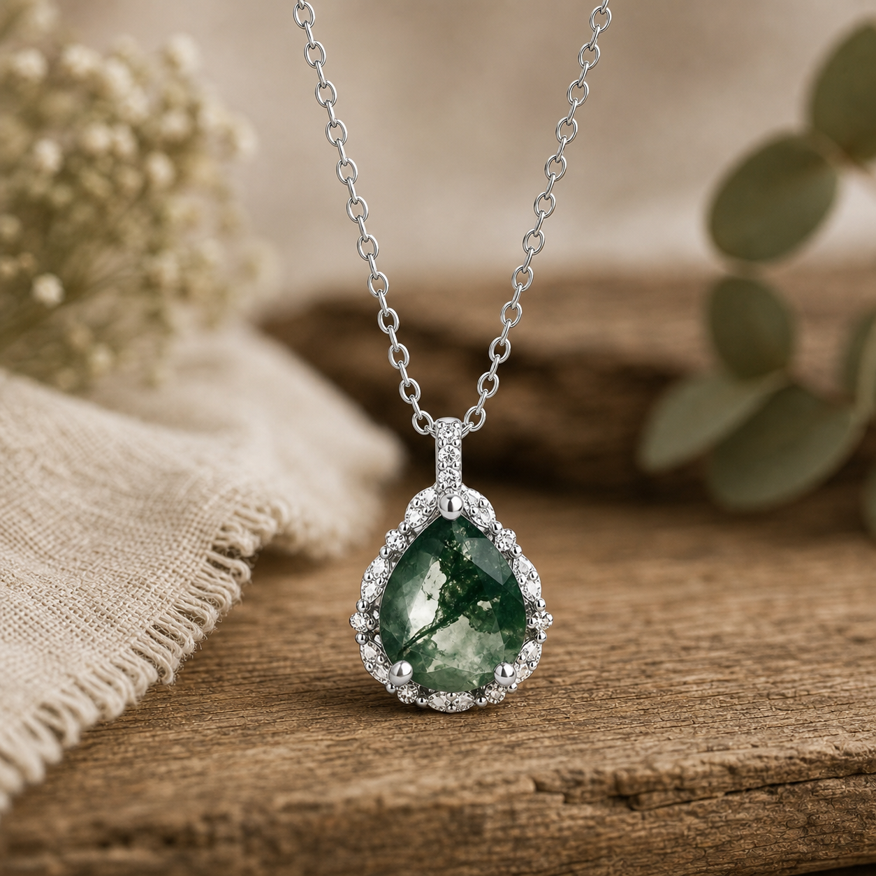 halo  Stone Necklace シルバー　天然石 Pear Cut Moss Agate Halo Necklace for Girlfriend - 'Forest Halo