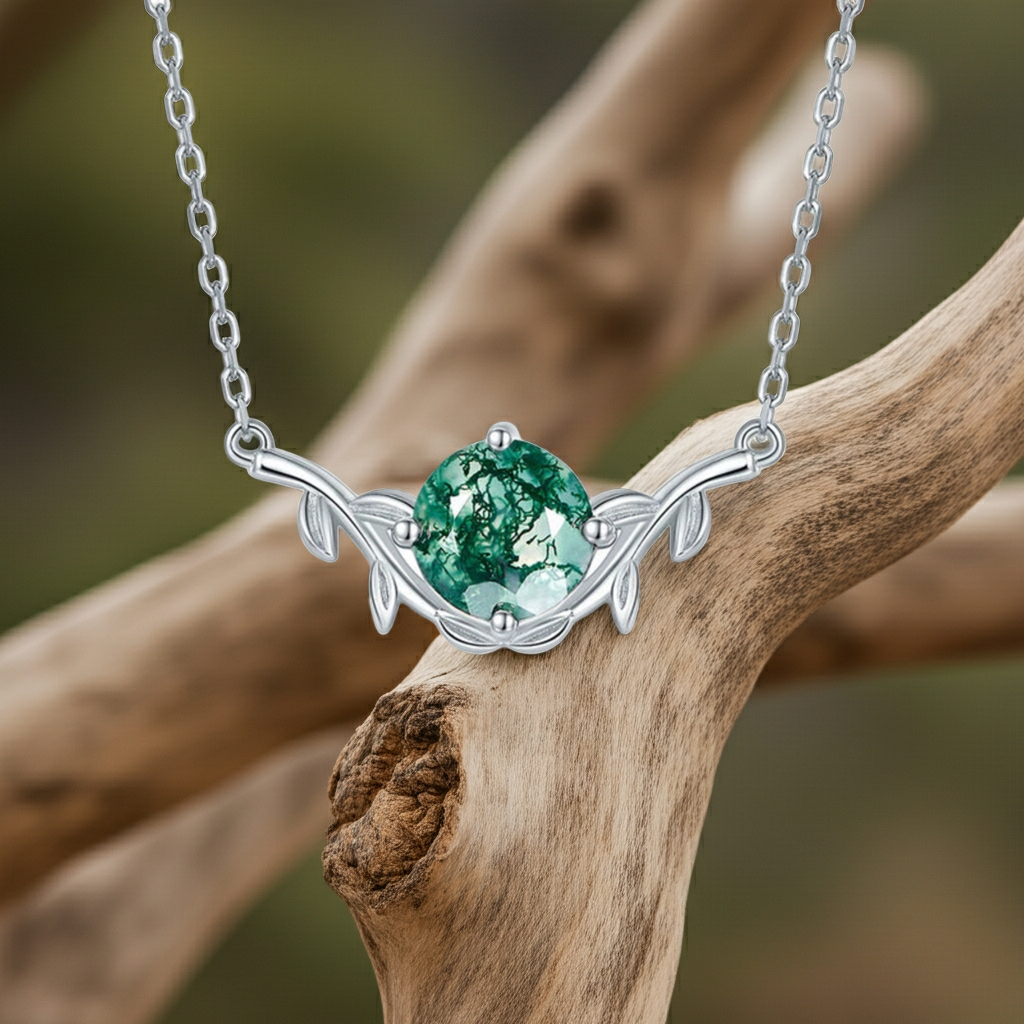 Viridis - Round Cut Moss Agate Nature Necklace