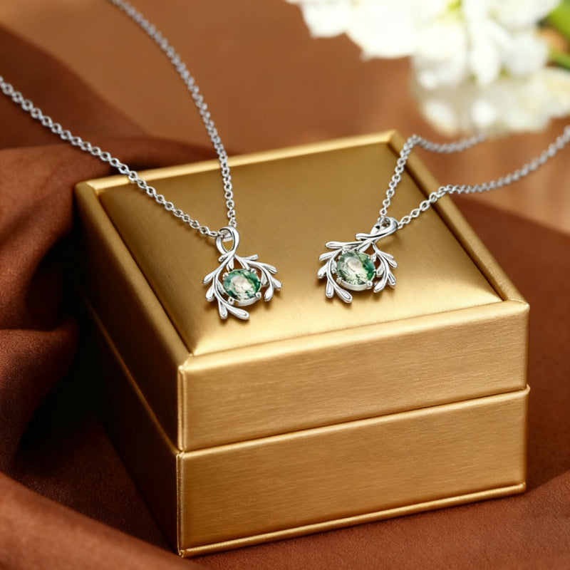 Round Cut Moss Agate Nature Inspired  Necklace