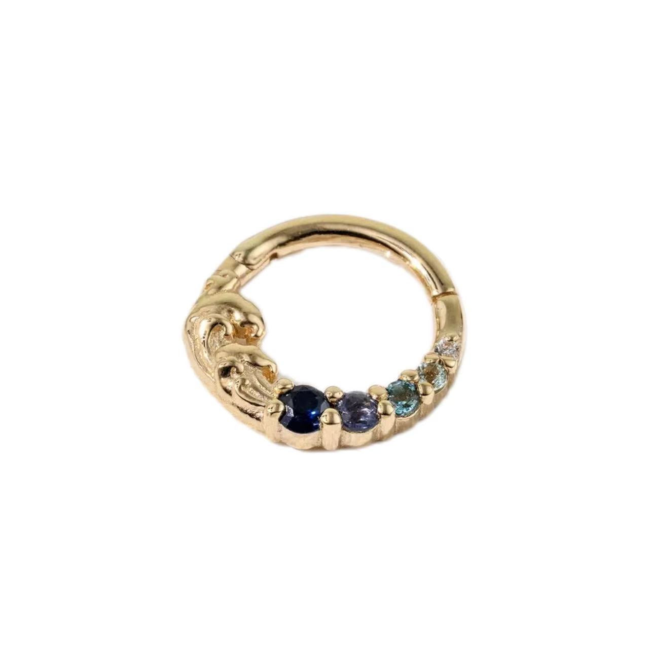 Ocean Wave Round Cut Blue Sapphire & Blue Topaz& Iolite & Moissanite Hoop Septum Ring Nose Ring  Cartilage Daith Earring