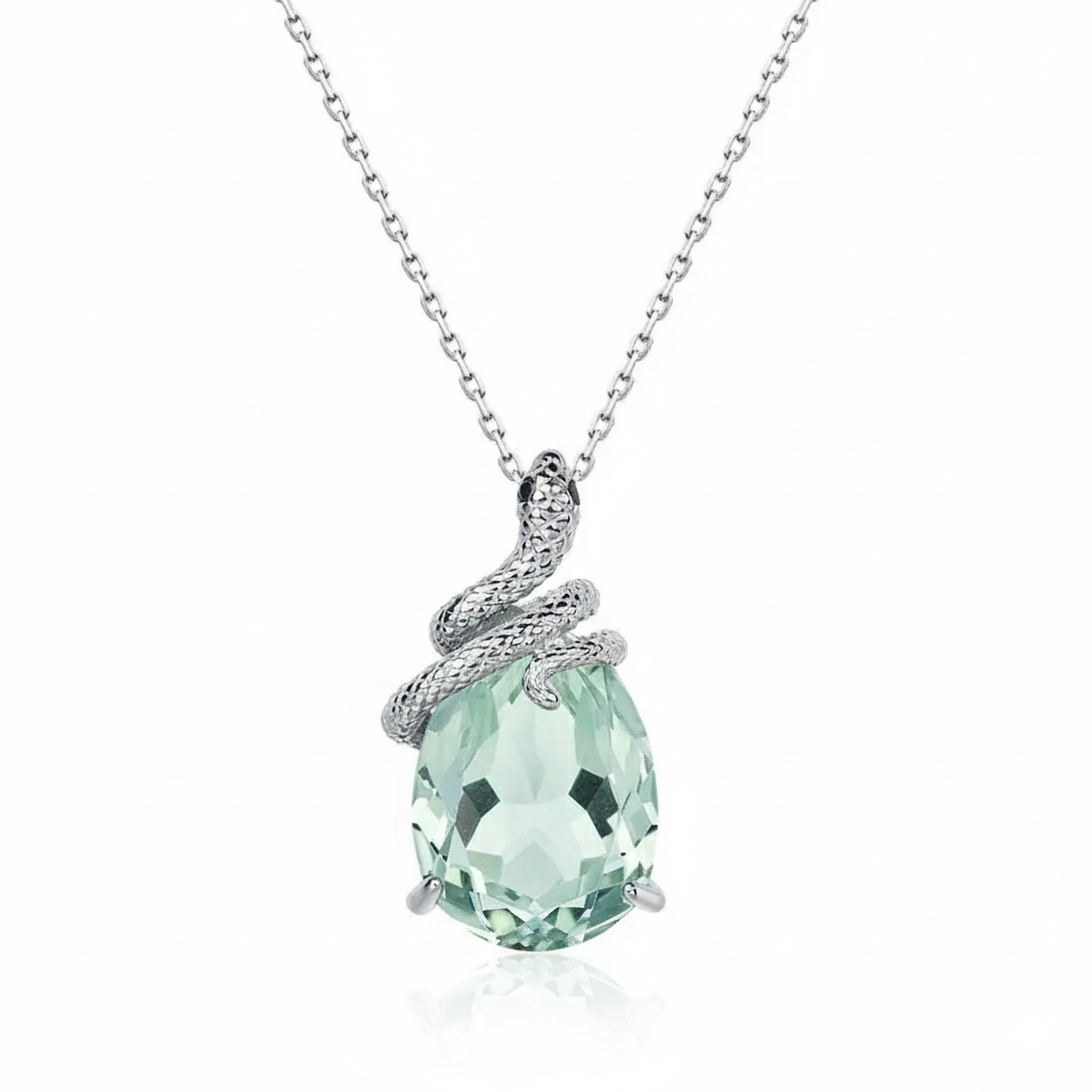 Una - Pear Cut Natural Green Amethyst Mystical Serpent Carved Unique Necklace