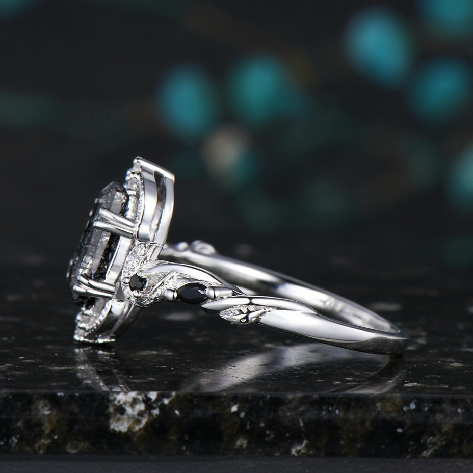 Antique Coffin Cut Black Rutilated Quartz Leaf Twisted Engagement Ring