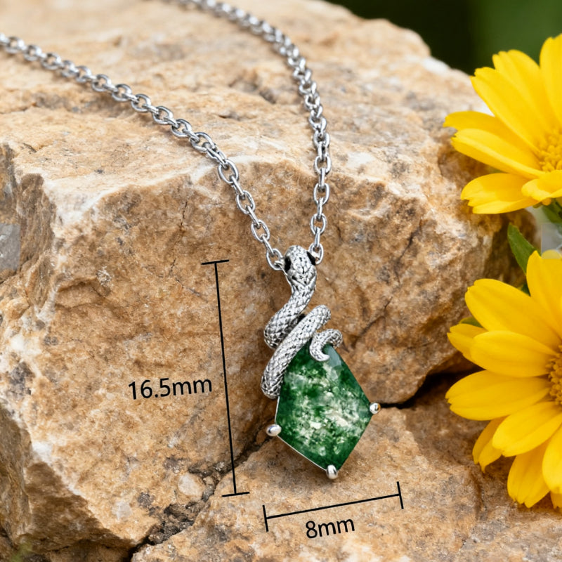 Kite Cut Moss Agate Mystical Serpent Carved Nature Inspired  Necklace