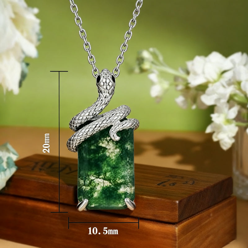 Kite Cut Moss Agate Mystical Serpent Carved Nature Inspired  Necklace