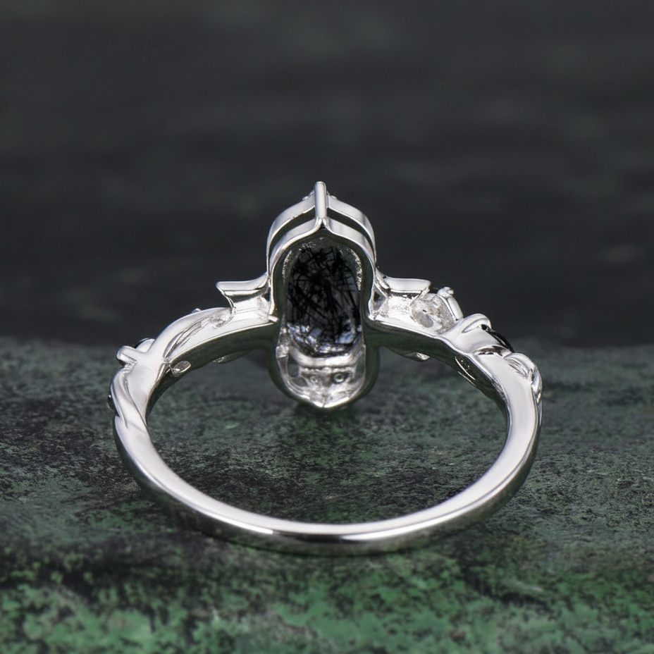 Antique Coffin Cut Black Rutilated Quartz Leaf Twisted Engagement Ring