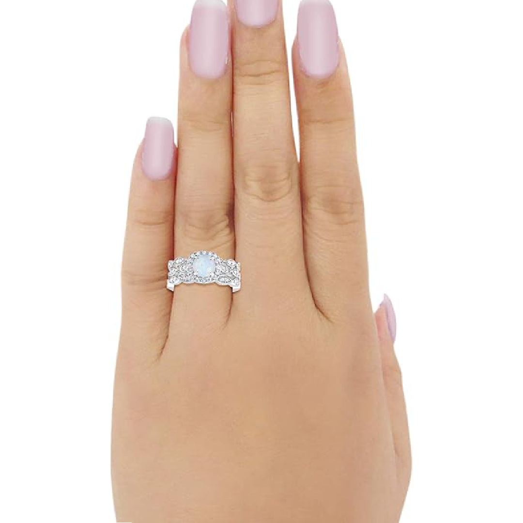 Round Cut Opal Halo Collection Three Piece Wedding Engagement Bridal Set Ring Band