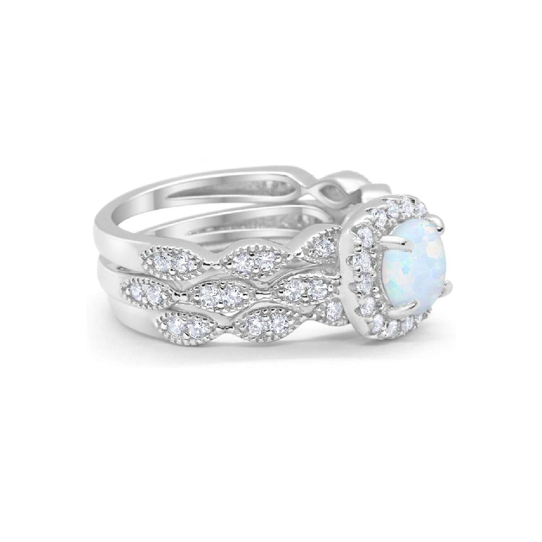 Round Cut Opal Halo Collection Three Piece Wedding Engagement Bridal Set Ring Band
