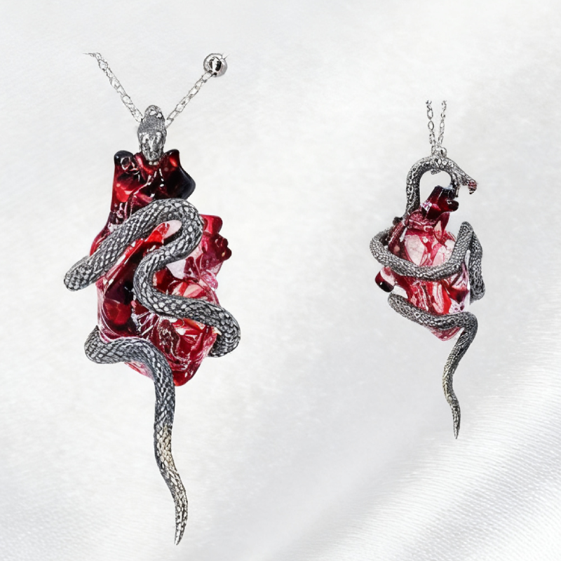 Dark Aesthetics Anatomical Bloody Heart with Snake Handmade Design Gothic Pendant