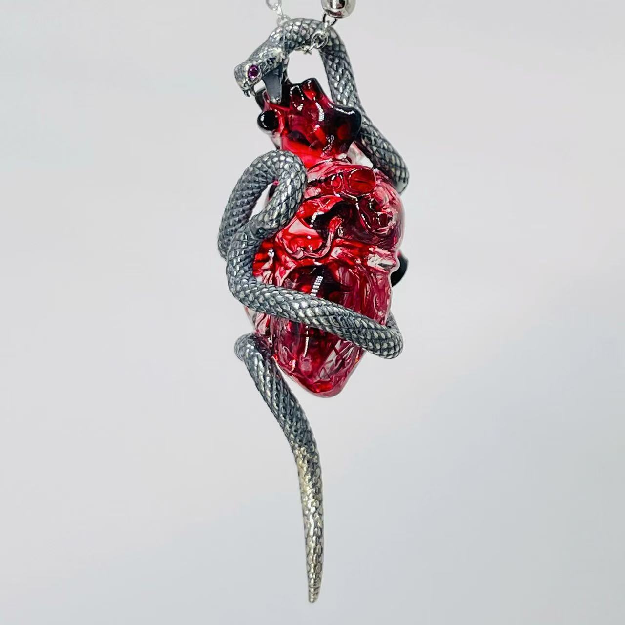 Dark Aesthetics Anatomical Bloody Heart with Snake Handmade Design Gothic Pendant