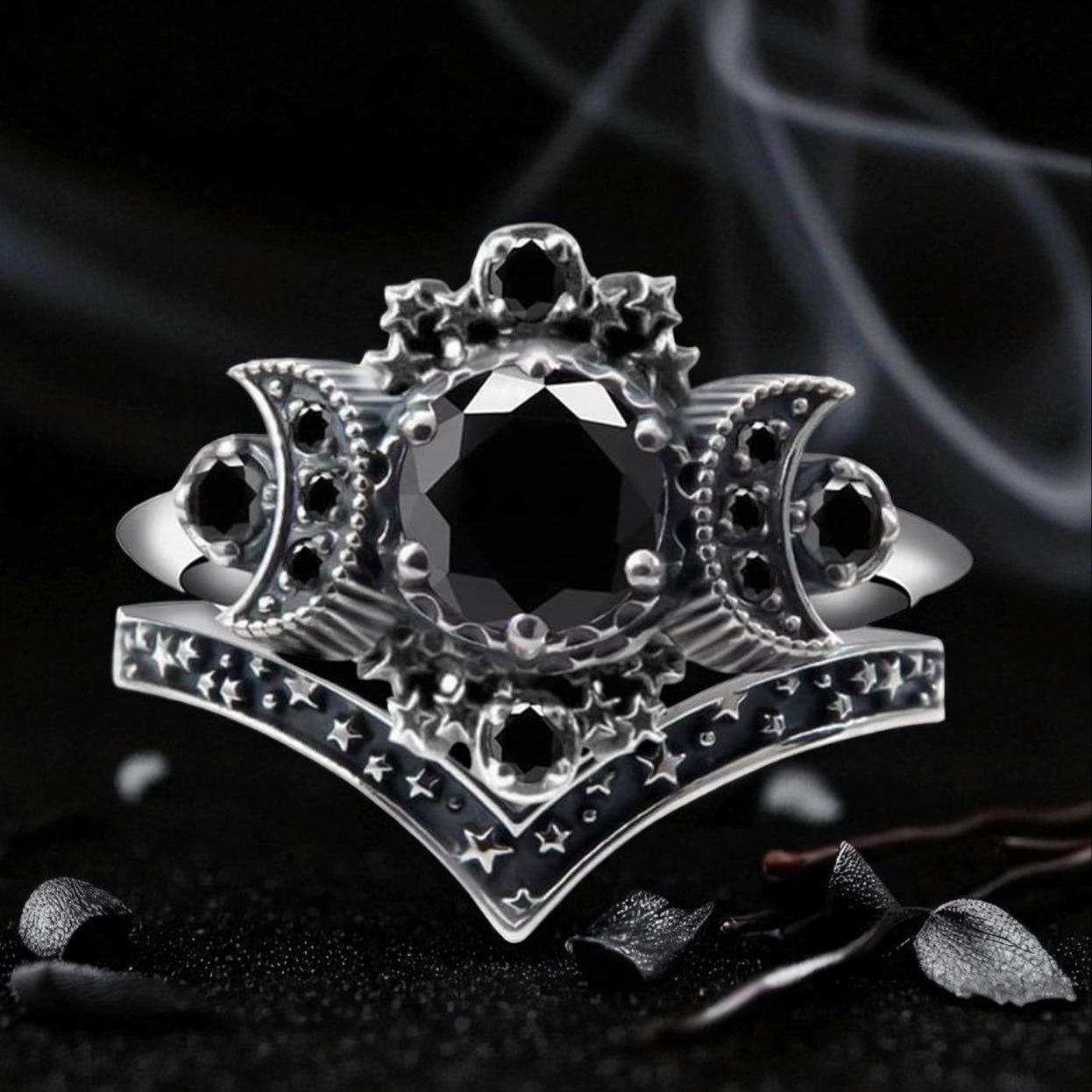 Pagan Triple Cresent Moon Godness Women Band Engagement Ring Set