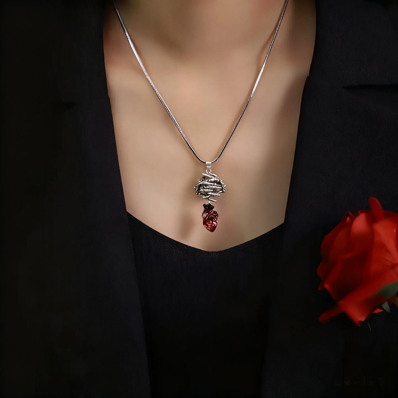 Dark Aesthetics Anatomical Bloody Heart with Skull Handmade Design Gothic Pendant