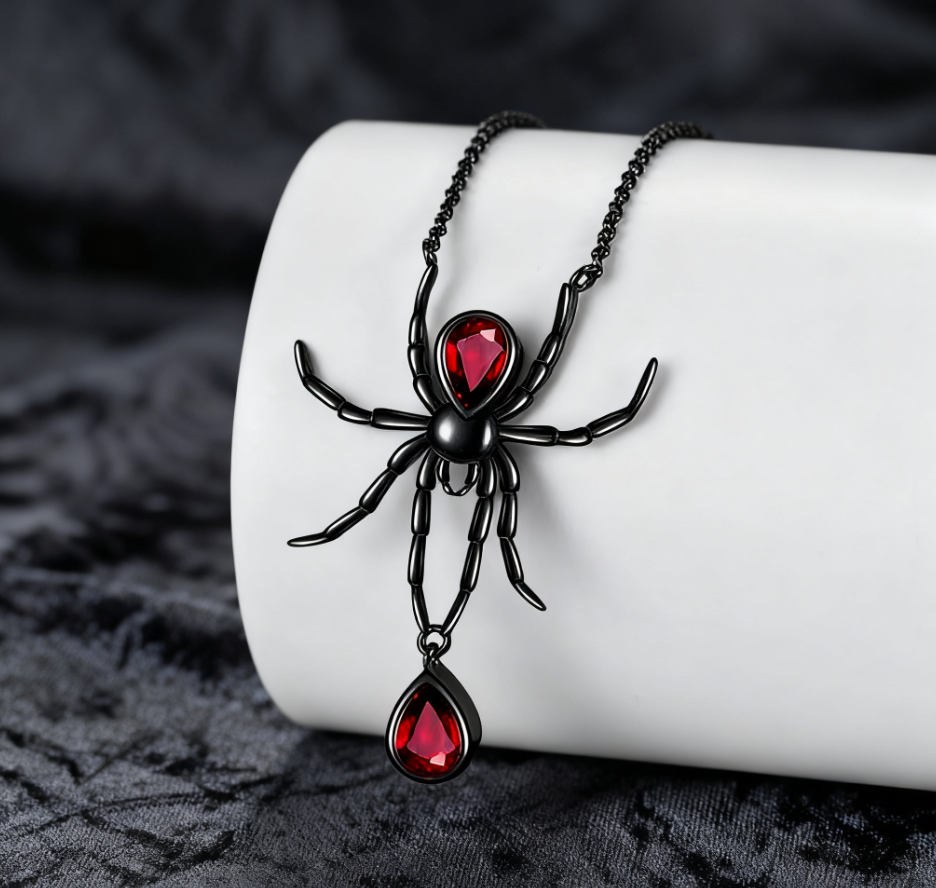 Pear Cut Onyx Dark Aesthetics Black Spider  With Zircon Unique Gothic Design Pendant