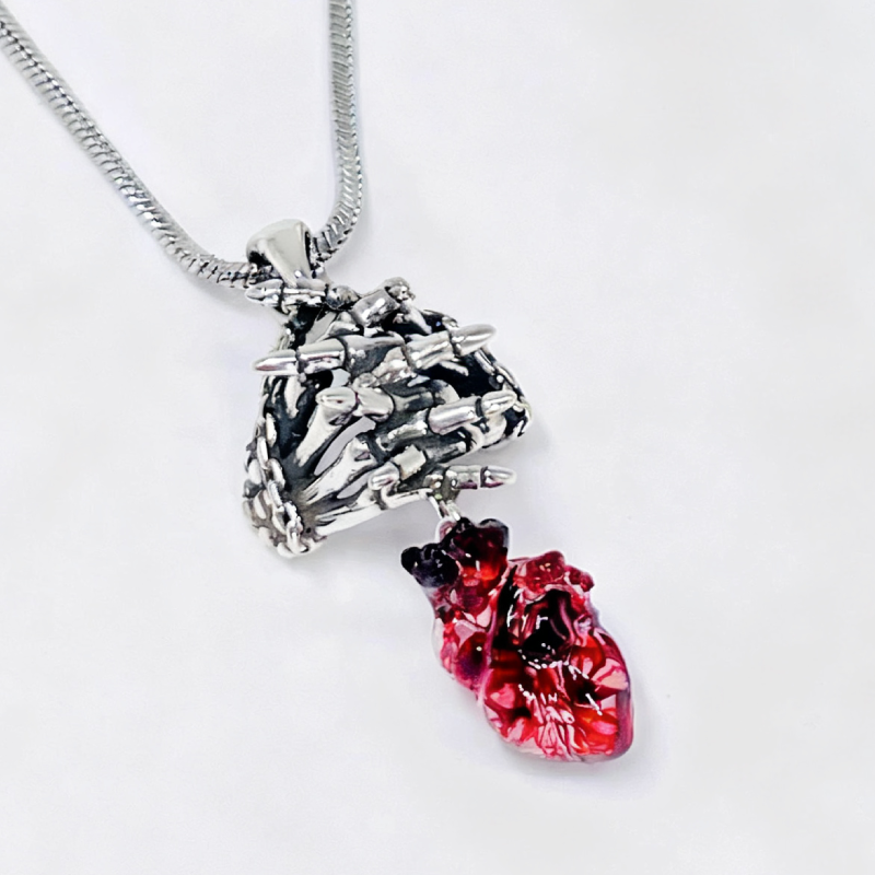 Dark Aesthetics Anatomical Bloody Heart with Skull Handmade Design Gothic Pendant
