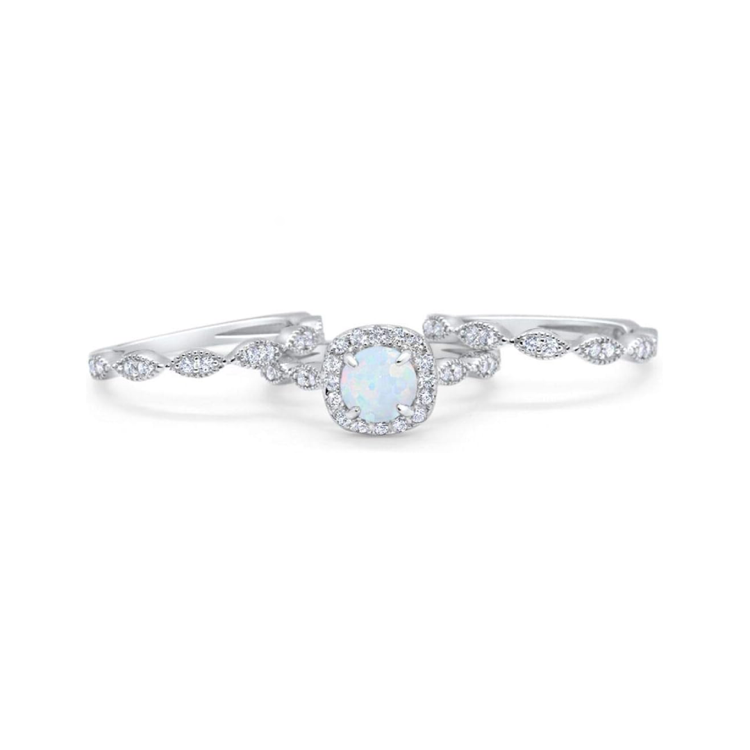 Round Cut Opal Halo Collection Three Piece Wedding Engagement Bridal Set Ring Band