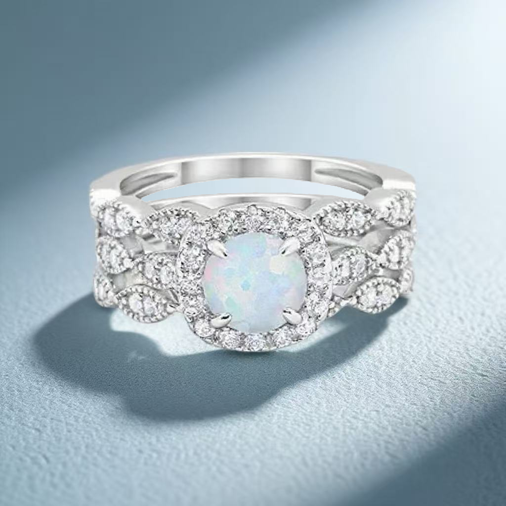 Round Cut Opal Halo Collection Three Piece Wedding Engagement Bridal Set Ring Band