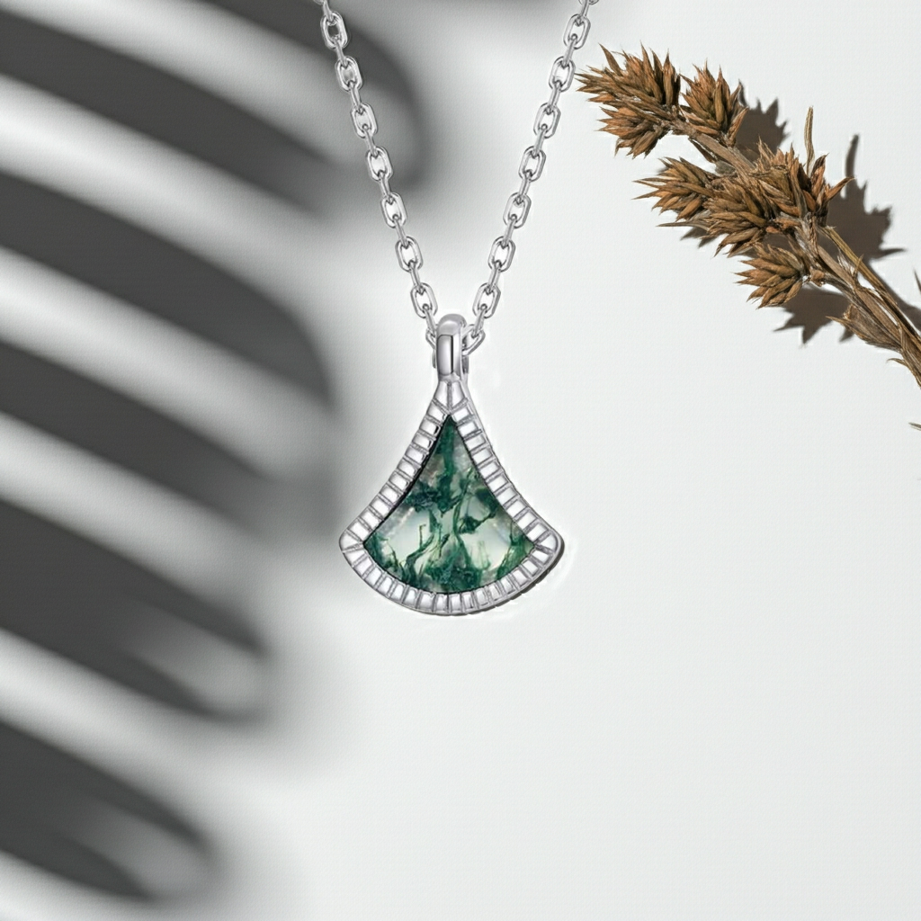 Fan-Shaped Moss Agate Nature Inspired Necklace