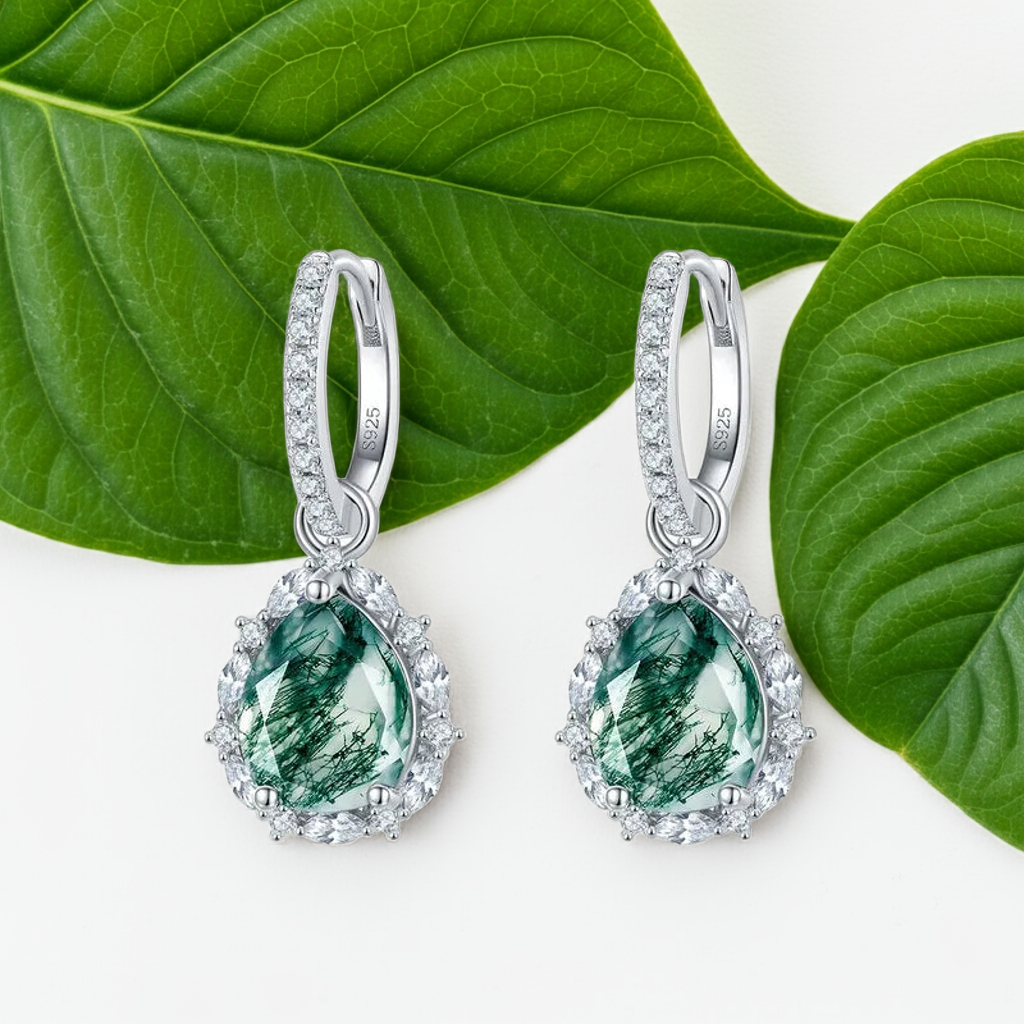 'Forest Halo' Pear Cut Moss Agate Halo Drop Earrings