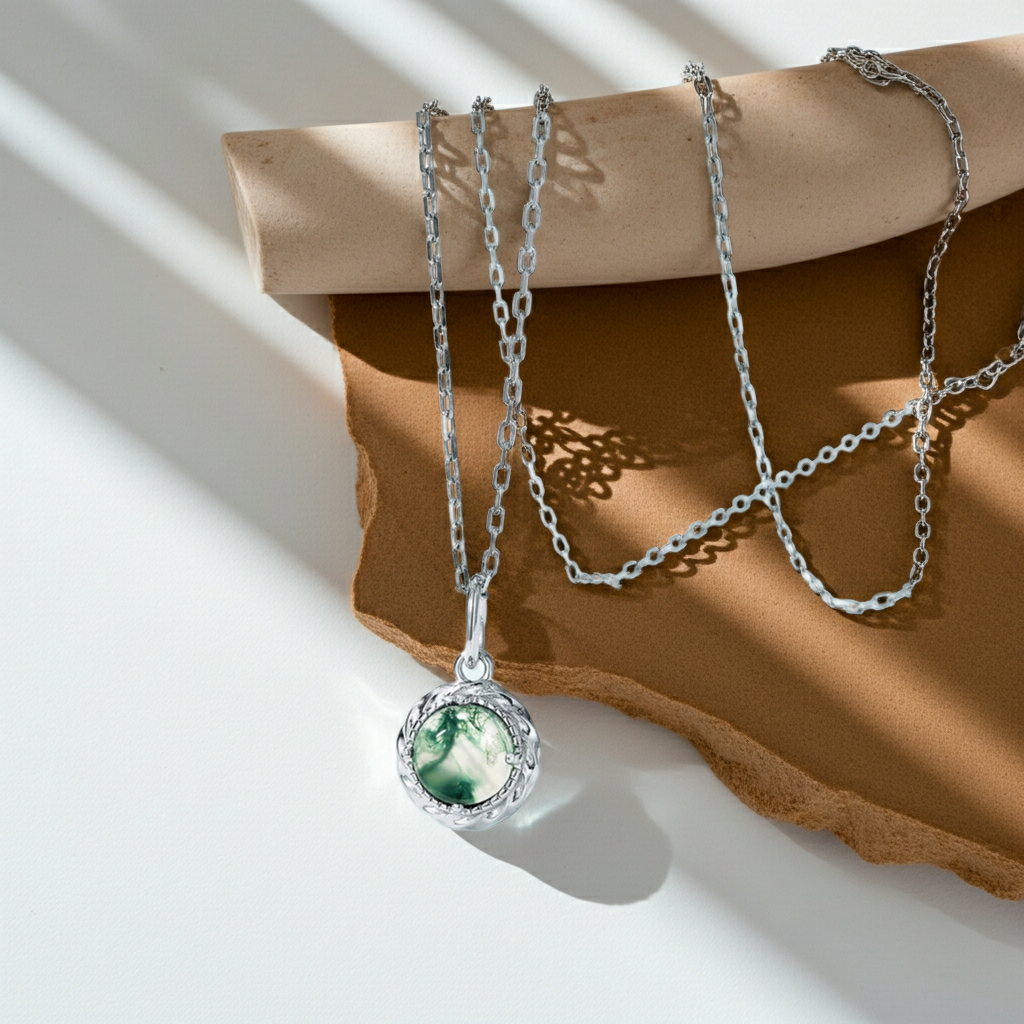 Mirabelle - Round Cut Moss Agate Classic Necklace