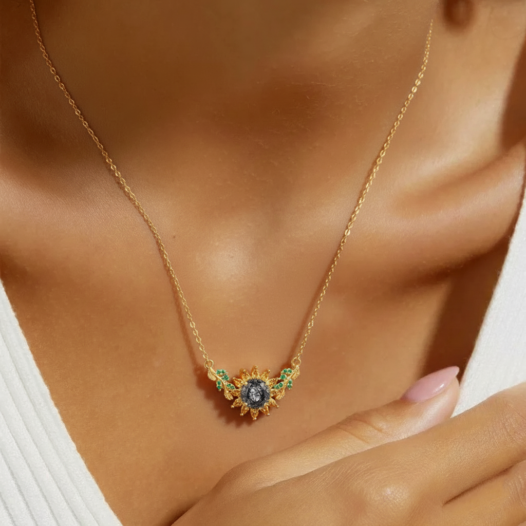Eleanor Round Cut Black Rutilated Quartz Nature Sunflower Design Necklace