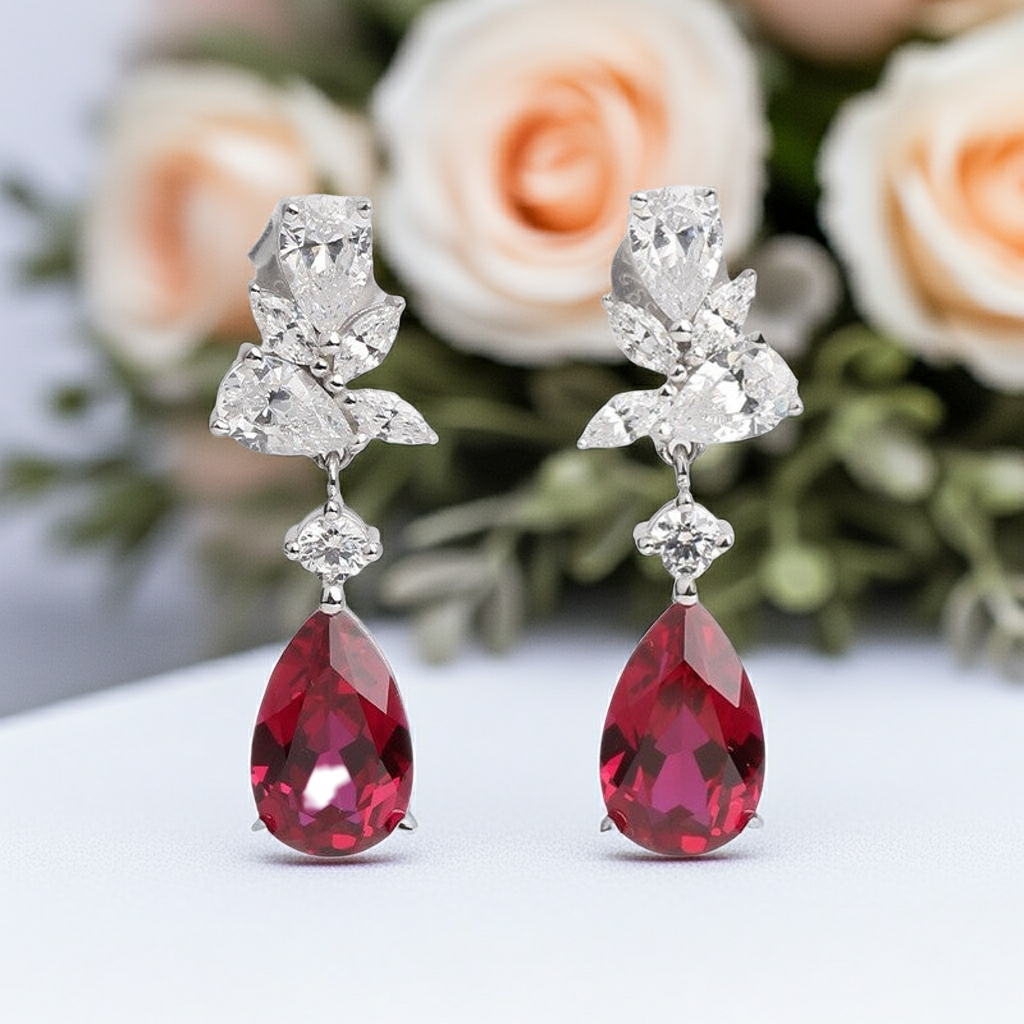 10K/14K 3ct Pear Cut Lab Ruby & Moissanite Drop Earrings Unique Choices Wedding Earrings
