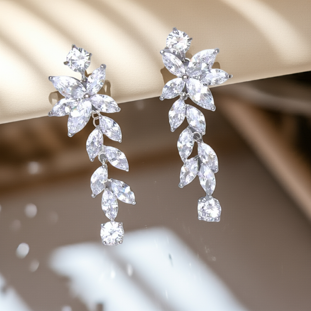 Marquise Long Crystal Chandelier Moissanite Bridal Earrings, Moissanite Wedding Earrings
