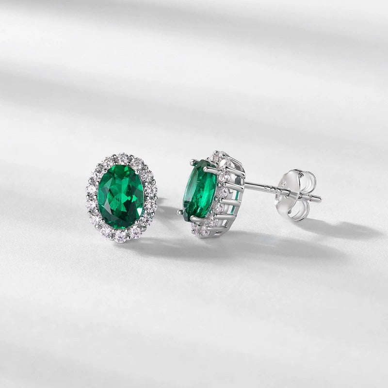 Oval Cut Lab Emerald Antique Halo Stud Earrings