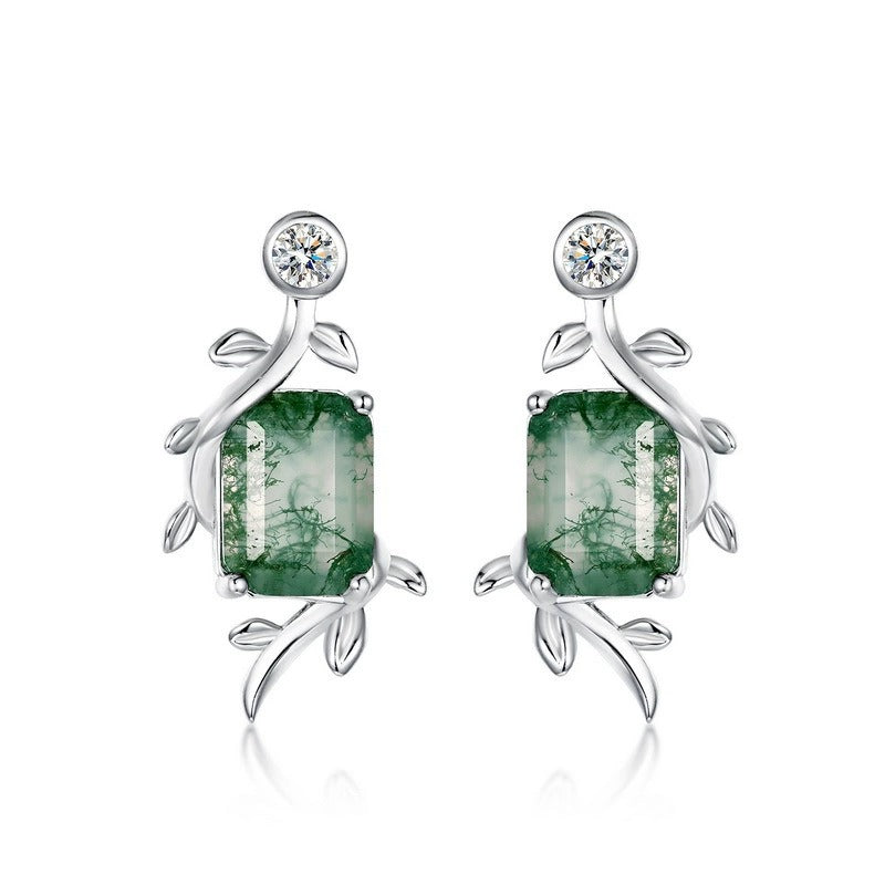 Emerald Cut Moss Agate Nature Inspired Leaf Earrings