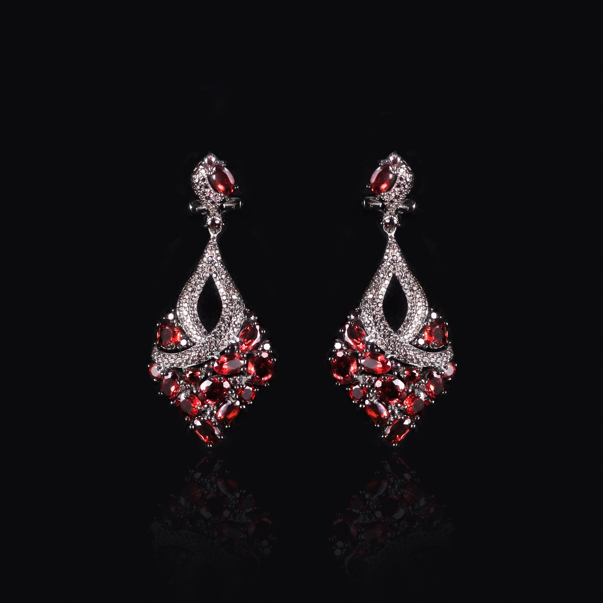 Oval Cut Natural Garnet Vintage Cluster Drop Earrings Gothic Black Gold Plated Earrings