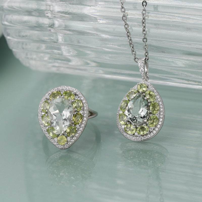 AquaLumine - Pear Cut Natural Green Amethyst Halo Necklace