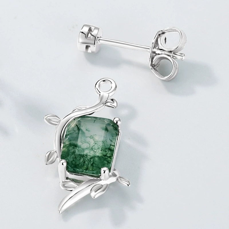 Emerald Cut Moss Agate Nature Inspired Leaf Earrings