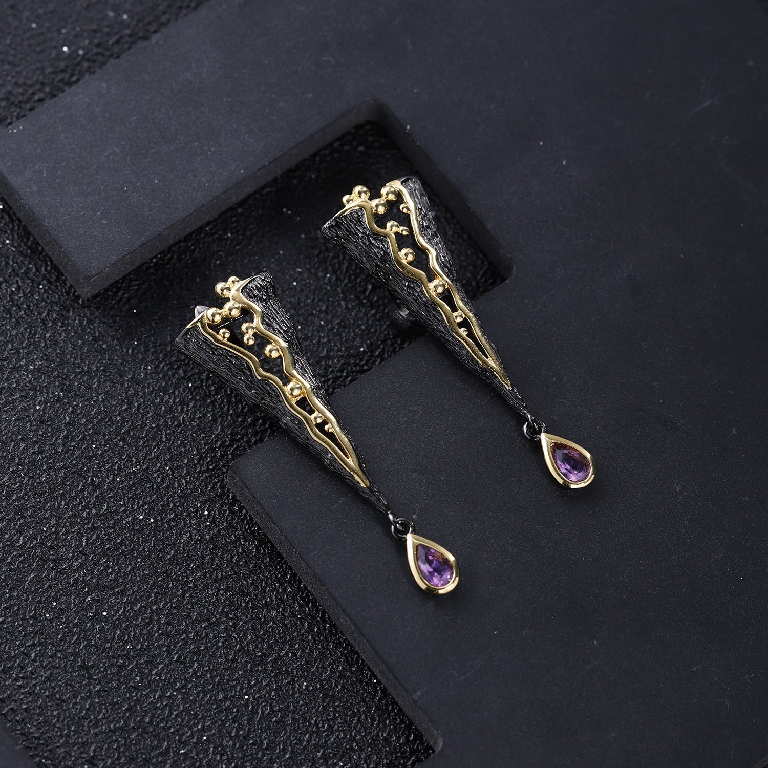 Pear Cut Natural Amethyst Italian Craft Vintage Earrings Gothic Earrings