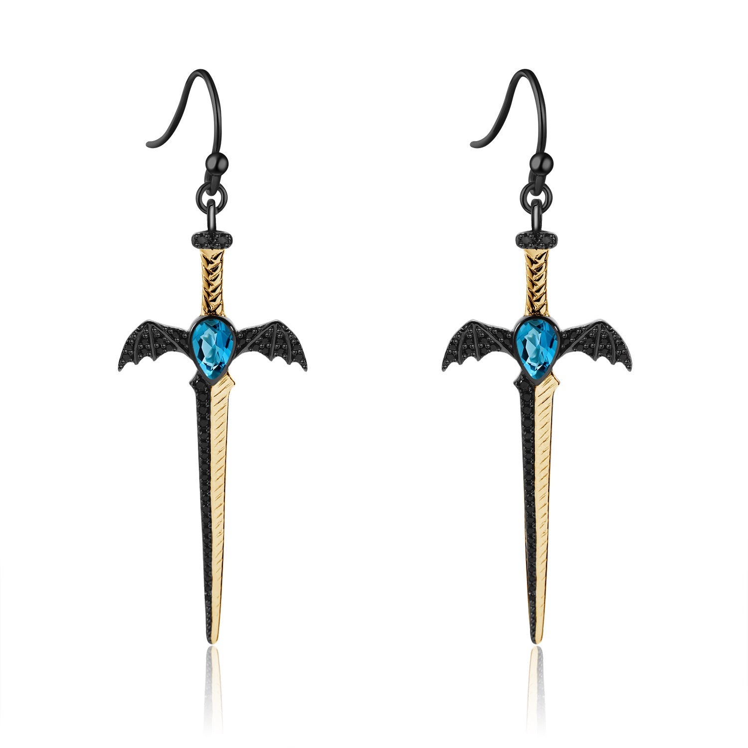 Gothic Pear Cut Natural Garnet Sword/Dagger & Bat Drop Earrings
