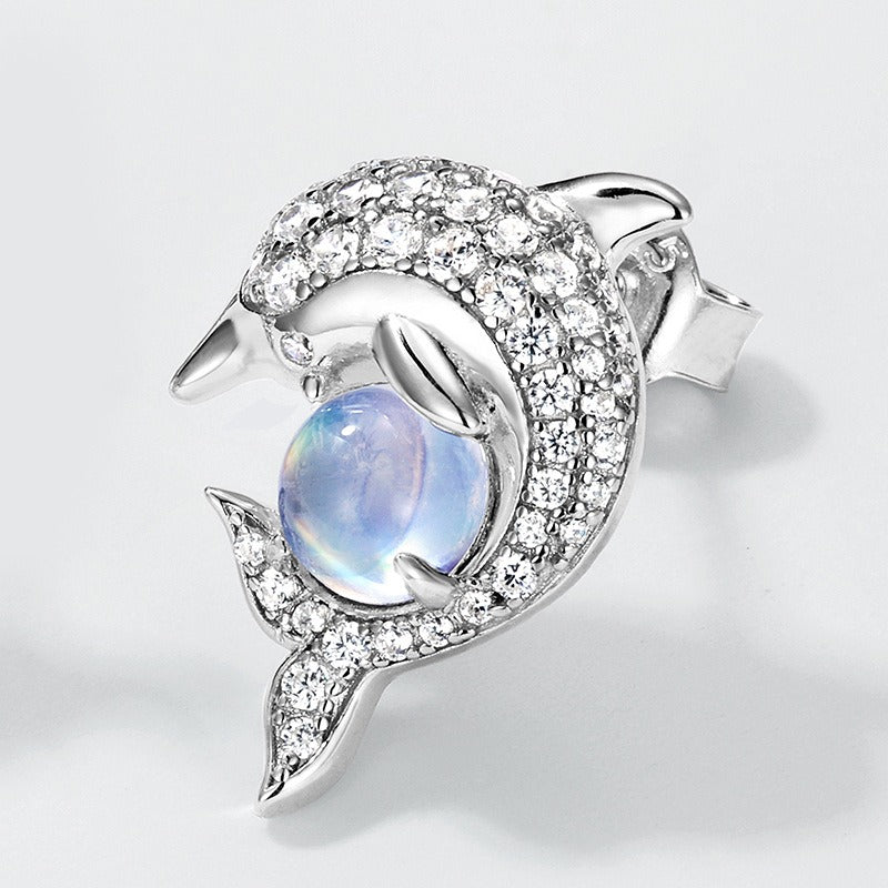 Round Cut Blue Moonstone Ocean Elegant Dolphin Earrings