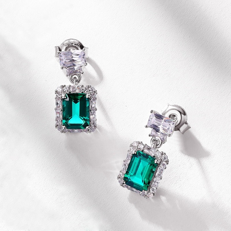 Emerald Cut Lab Emerald Halo Drop Earrings