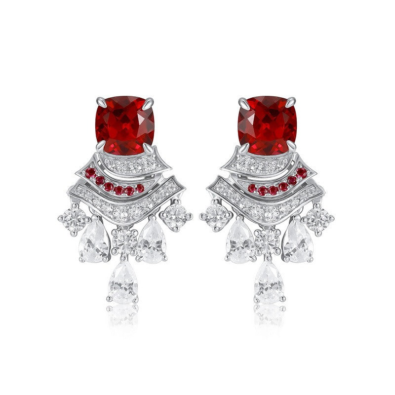 Cushion Cut Lab Ruby Unique Drop Earrings