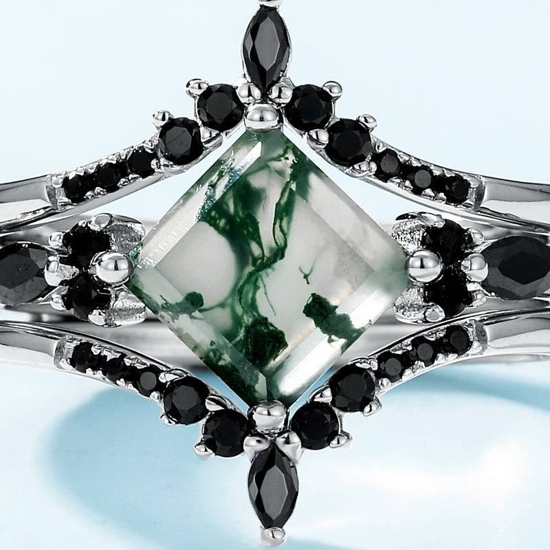 Unique Princess Cut Moss Agate & Black Moissanite Luxury Engagement Ring Set 3PCS
