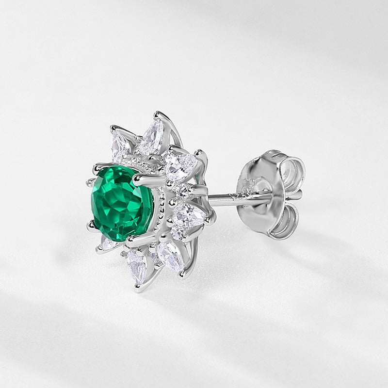 Round Cut Lab Emerald Nature Inspired Sunflower Stud Earrings