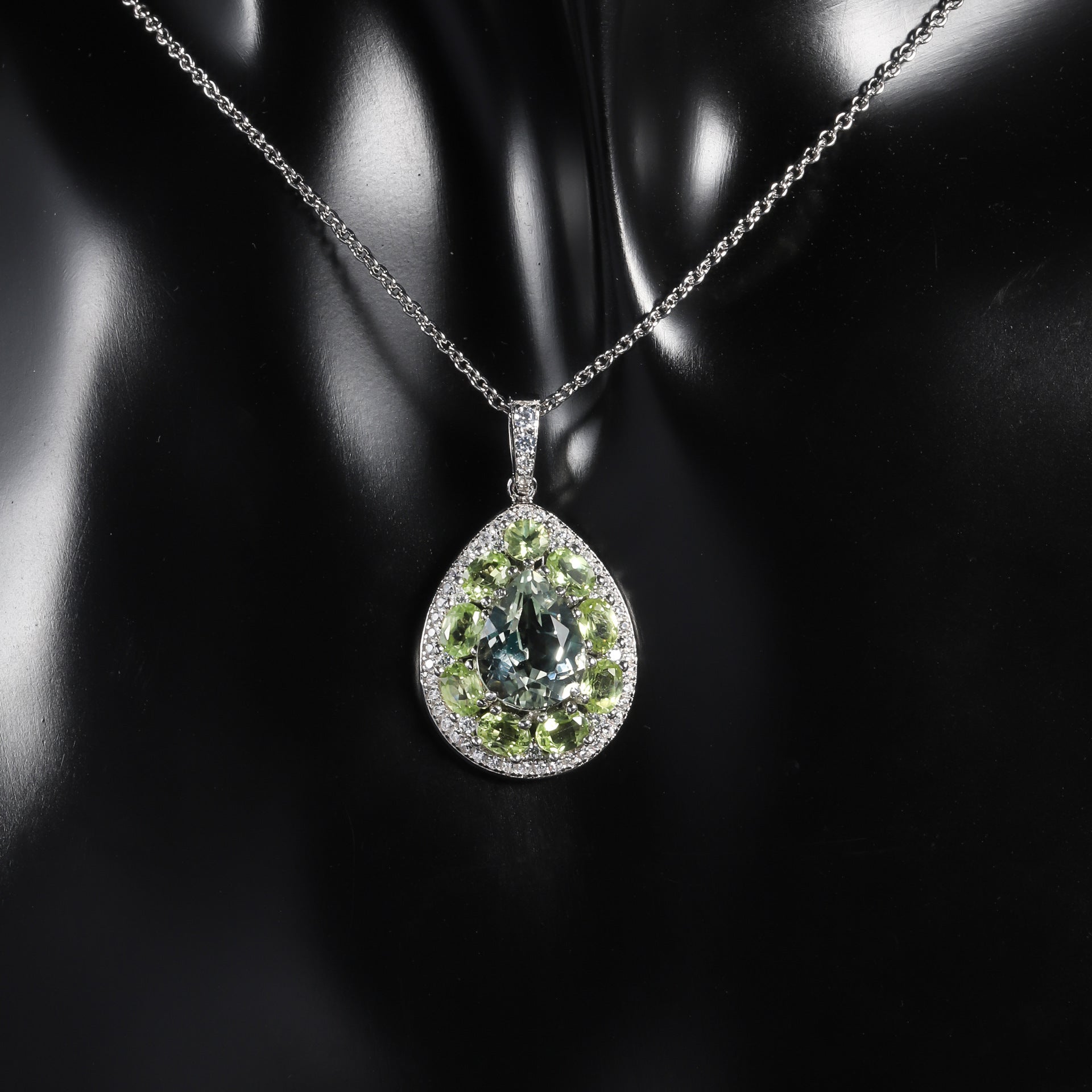 AquaLumine - Pear Cut Natural Green Amethyst Halo Necklace